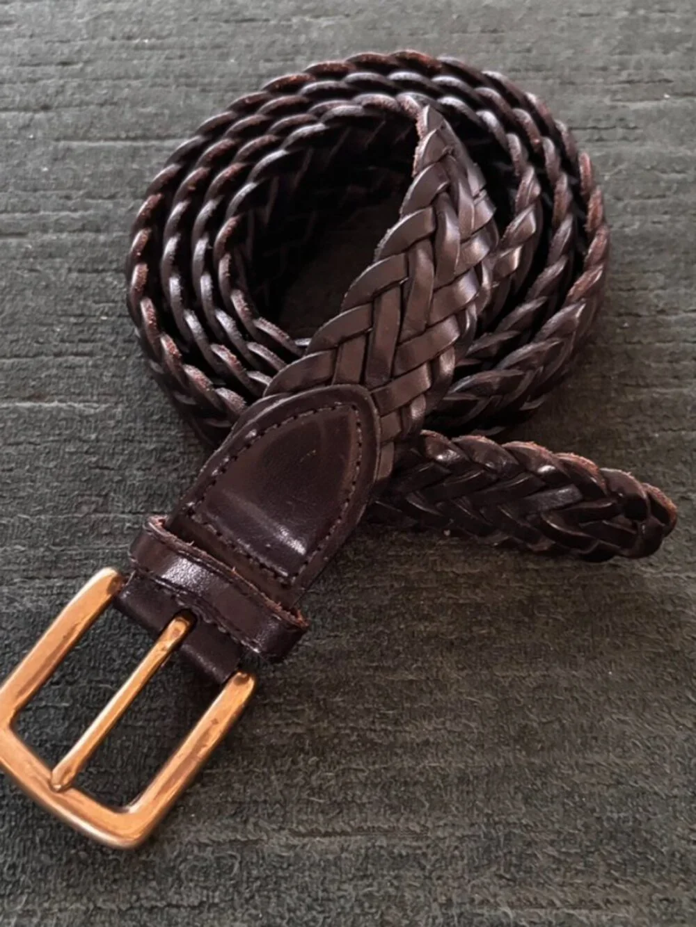 Brown Woven Leather Braided Belt size 40 Solid Brass Buckle Classic